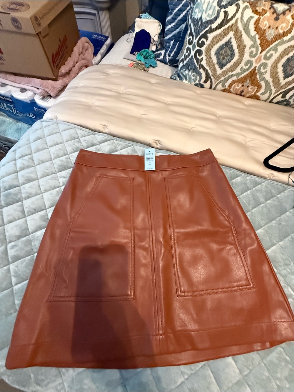 LOFT Faux Leather A-Line Skirt in Rust Brown